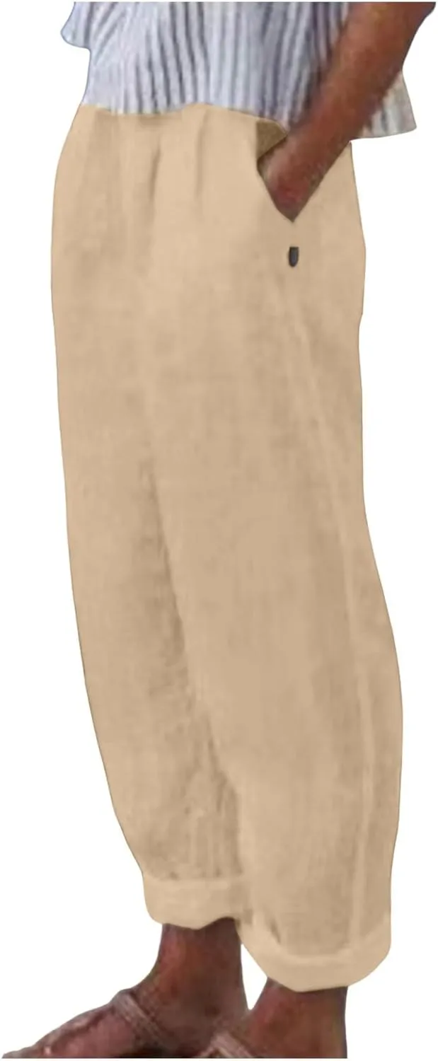 Linen Pants for Women Trendy Elastic Wasit Casual Wide Leg Trousers Ladies Beach Pants with Pockets Summer Clothes