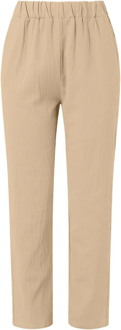 Linen Pants for Women Trendy Elastic Wasit Casual Wide Leg Trousers Ladies Beach Pants with Pockets Summer Clothes