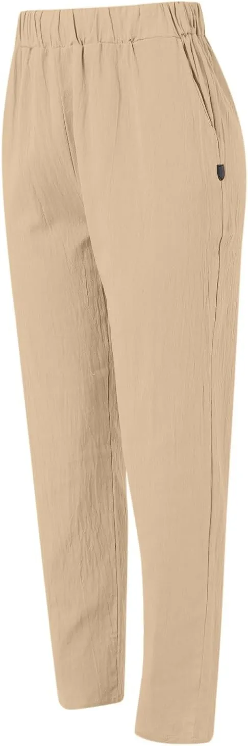 Linen Pants for Women Trendy Elastic Wasit Casual Wide Leg Trousers Ladies Beach Pants with Pockets Summer Clothes