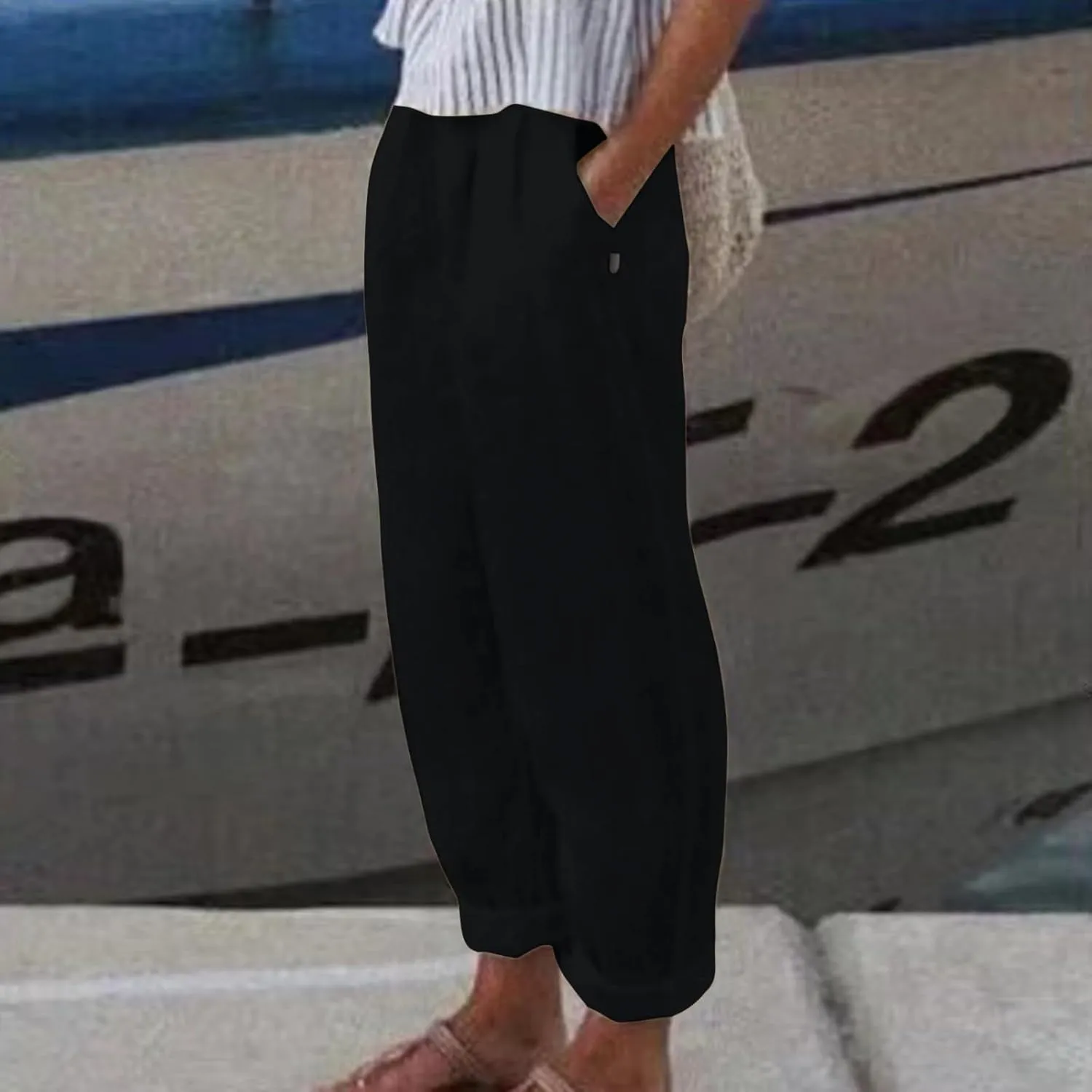 Linen Pants for Women Trendy Elastic Wasit Casual Wide Leg Trousers Ladies Beach Pants with Pockets Summer Clothes