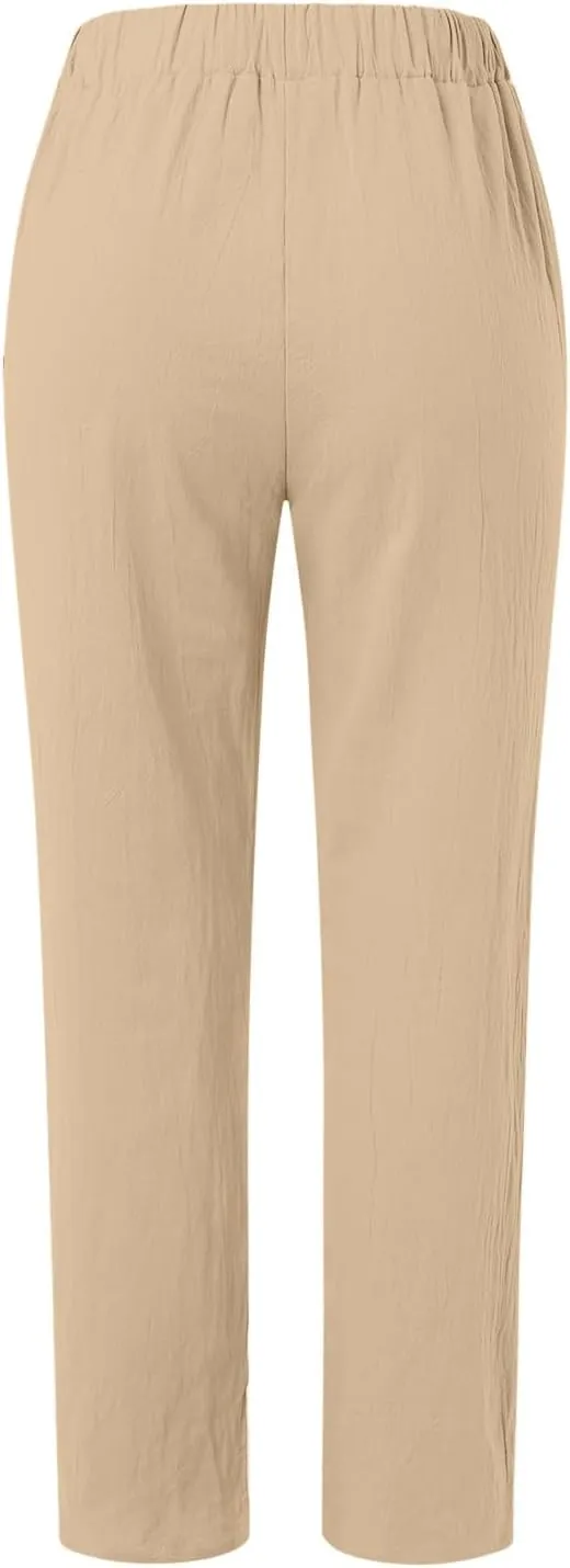 Linen Pants for Women Trendy Elastic Wasit Casual Wide Leg Trousers Ladies Beach Pants with Pockets Summer Clothes