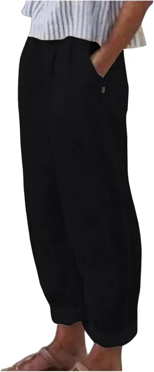 Linen Pants for Women Trendy Elastic Wasit Casual Wide Leg Trousers Ladies Beach Pants with Pockets Summer Clothes