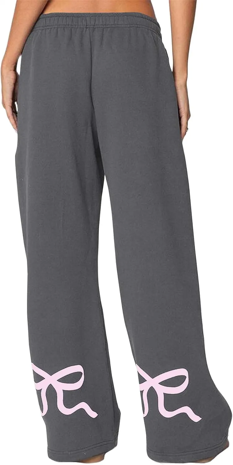 Livtany Womens Straight Leg Graphic Bow Print Sweatpants Wide Leg Elastic Waistband Lounge Pant Lounge Joggers with Pockets