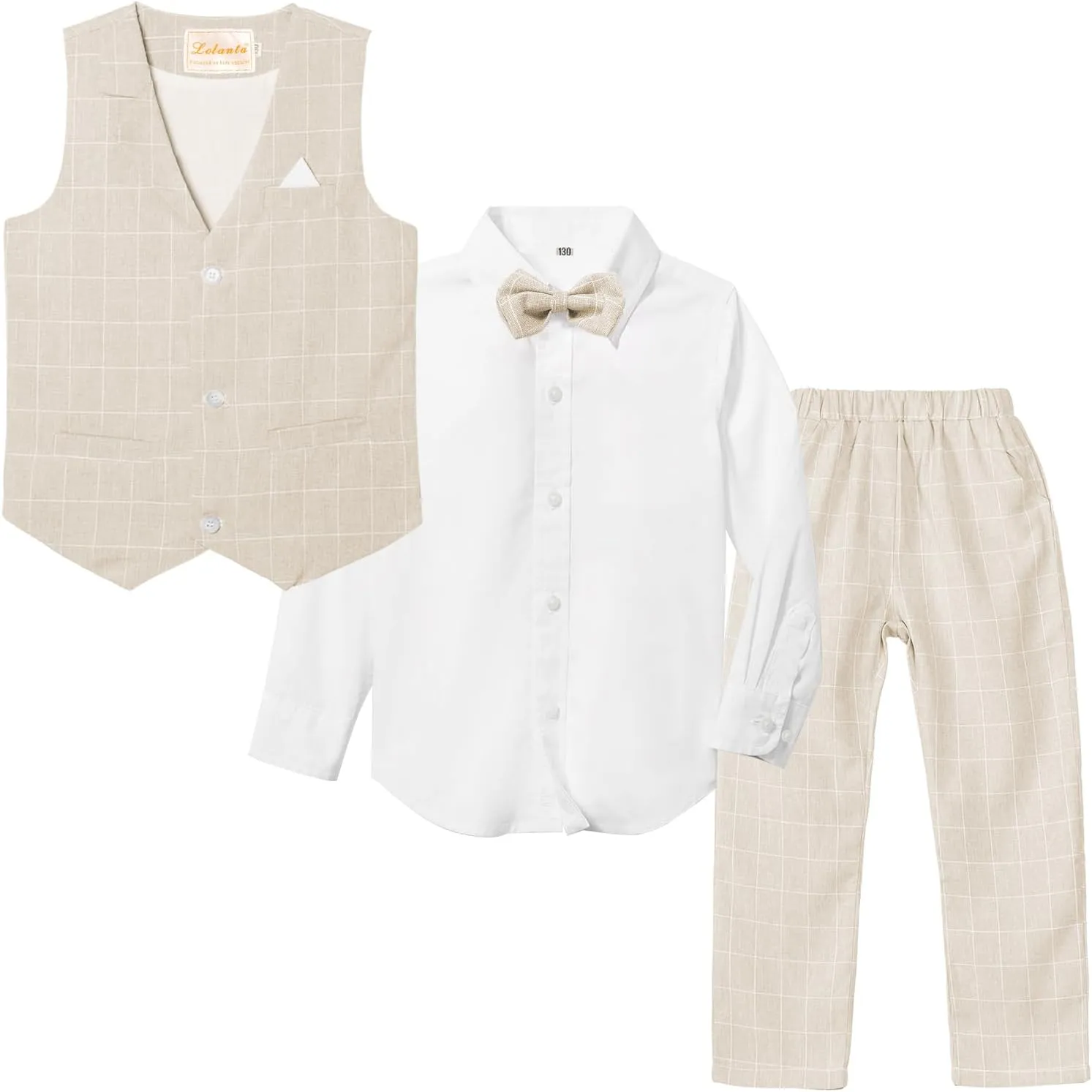 LOLANTA Boys Vest Suits 4PCs Wedding Ring Bearer Outfits Wasitcoat Shirt Pants Bow Tie 2-13 Years