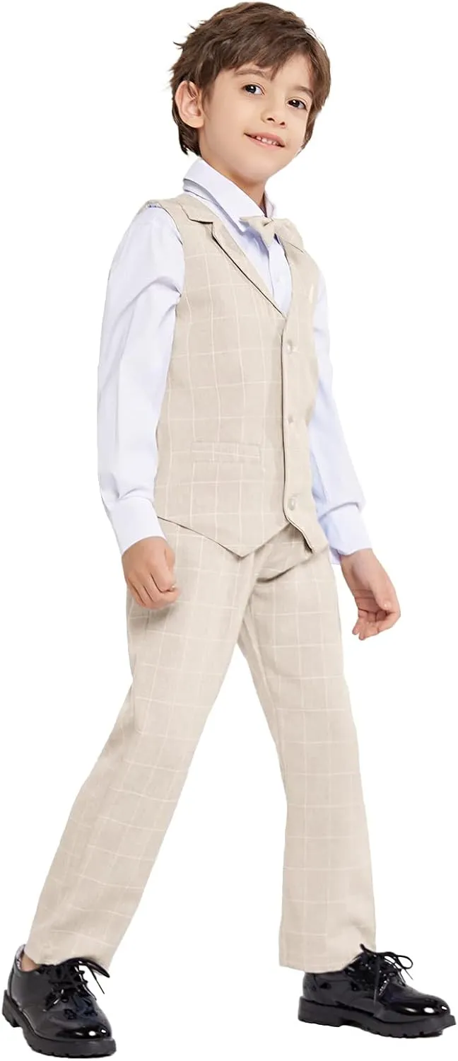 LOLANTA Boys Vest Suits 4PCs Wedding Ring Bearer Outfits Wasitcoat Shirt Pants Bow Tie 2-13 Years