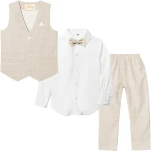 LOLANTA Boys Vest Suits 4PCs Wedding Ring Bearer Outfits Wasitcoat Shirt Pants Bow Tie 2-13 Years