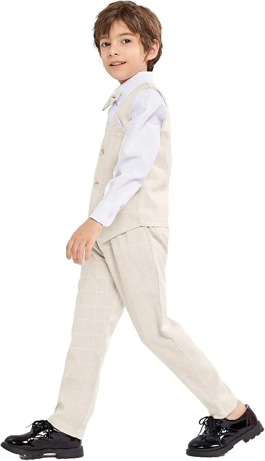 LOLANTA Boys Vest Suits 4PCs Wedding Ring Bearer Outfits Wasitcoat Shirt Pants Bow Tie 2-13 Years