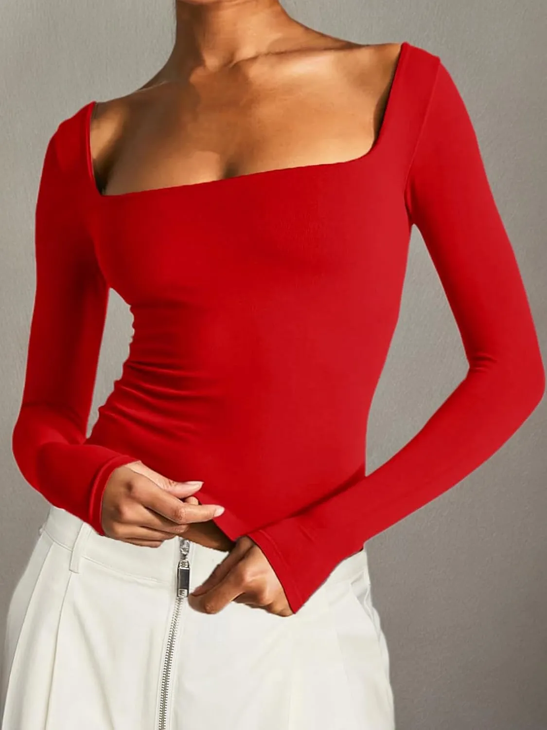 Long Sleeve T Shirt Women - Square Neck Going Out Tops Double Lined Tight Shirt Y2K Crop Top Slim Fit