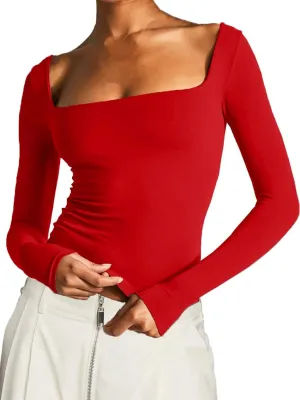 Long Sleeve T Shirt Women - Square Neck Going Out Tops Double Lined Tight Shirt Y2K Crop Top Slim Fit