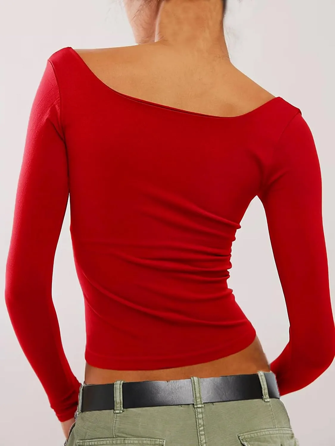 Long Sleeve T Shirt Women - Square Neck Going Out Tops Double Lined Tight Shirt Y2K Crop Top Slim Fit
