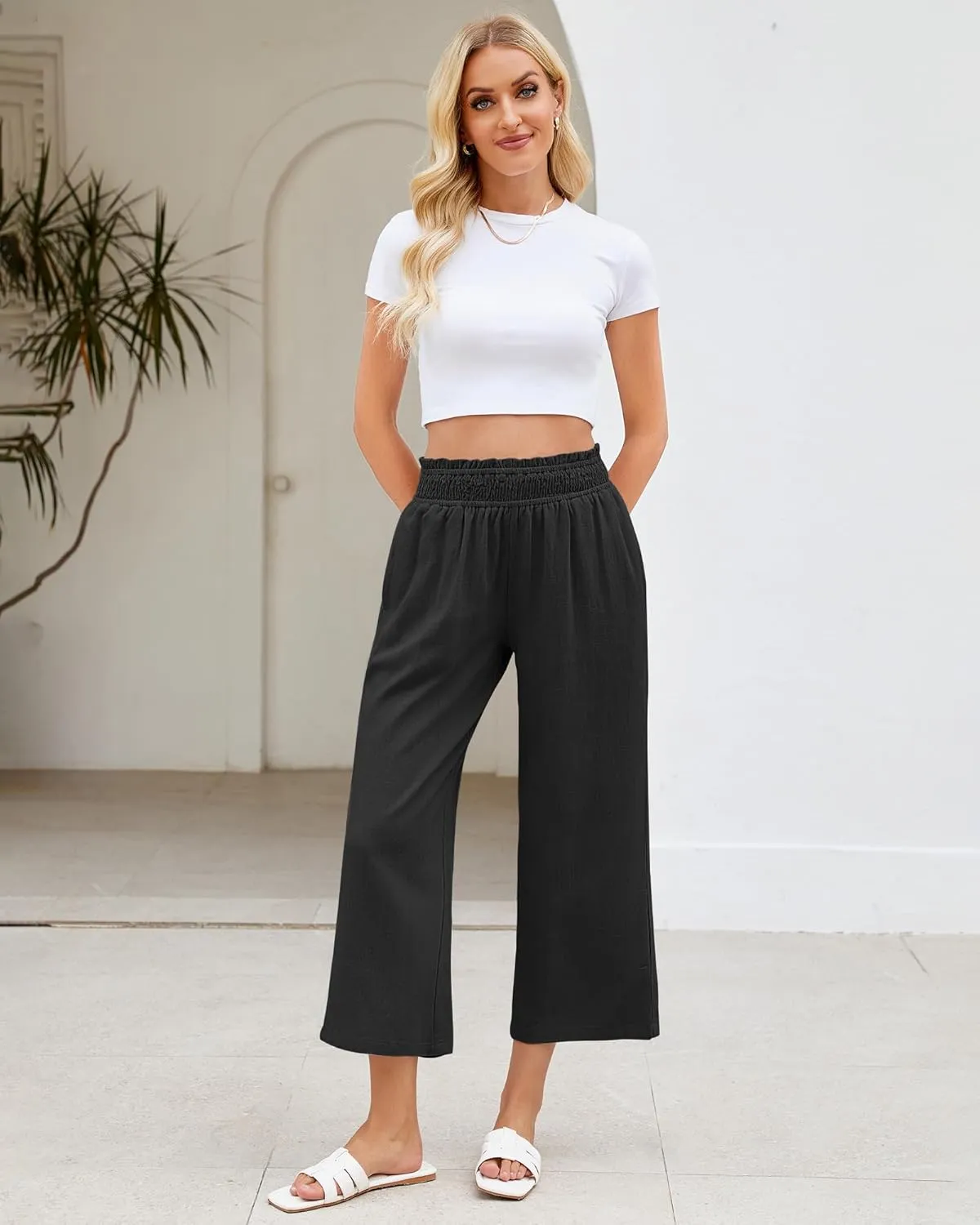 LookbookStore Linen Pants Women Capri Wide Leg High Wasited Pull On Elasitc Waist Summer Beach Palazzo Capris Pants