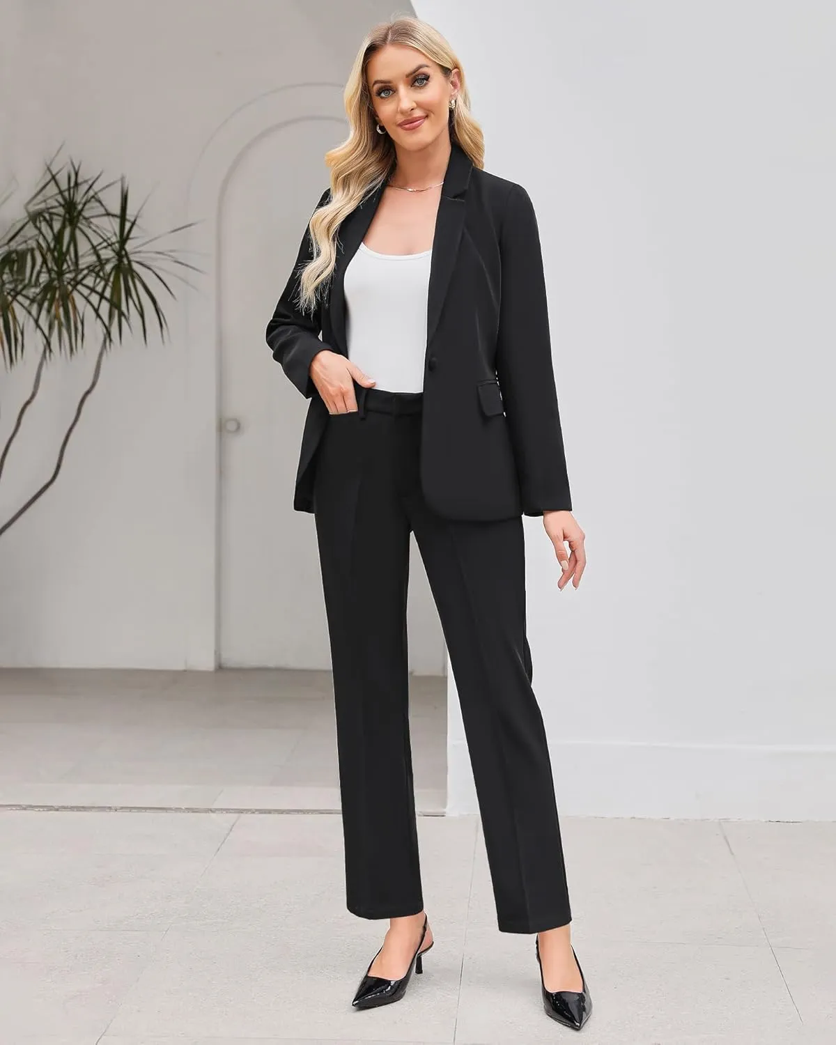 LookbookStore Pant Suits for Women Dressy 2 Piece Blazer and High Rise Straight Leg Pants Sets Business Casual Outfits