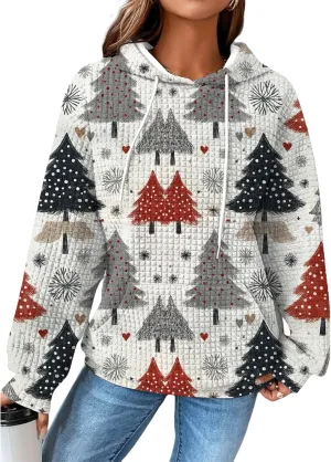 MARSVOVO Christmas Hoodies For Women Waffle Long Sleeve Sweatshirt Novelty Christmas Graphic Pullover Top With Pocket
