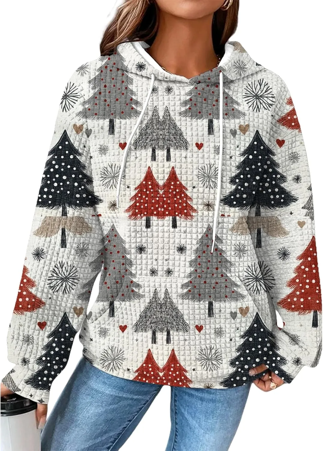 MARSVOVO Christmas Hoodies For Women Waffle Long Sleeve Sweatshirt Novelty Christmas Graphic Pullover Top With Pocket