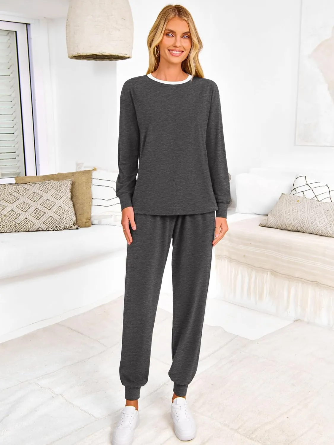MASCOMODA 2025 Lounge Sets for Women Fall 2 Piece Outfits Tracksuit Jogger Set Long Sleeve Tops and Long Pants with Pockets