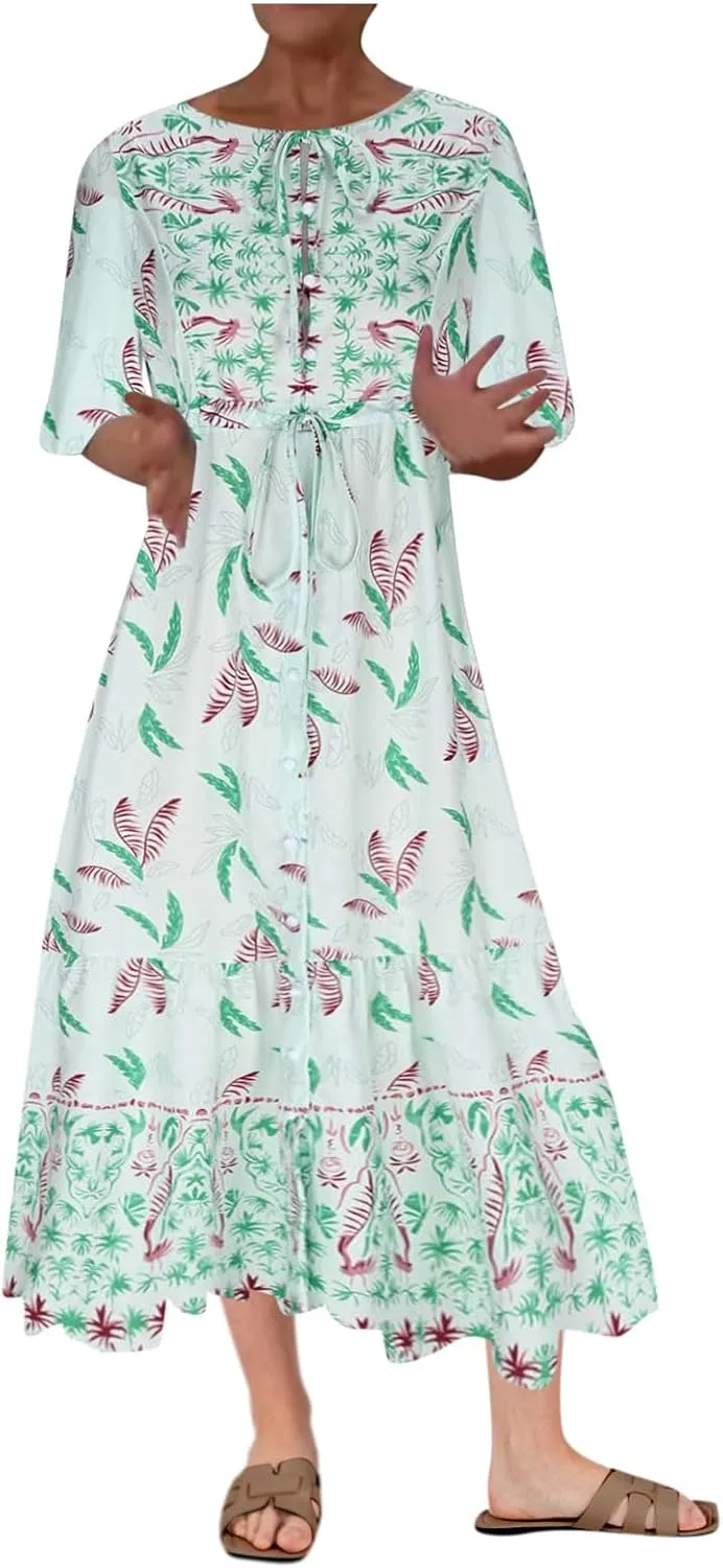 Maxi Dresses for Women Short Sleeve Boho Floral Print Button T Shirt Dress Casual Ruffle Loose Long Tunic Dresses