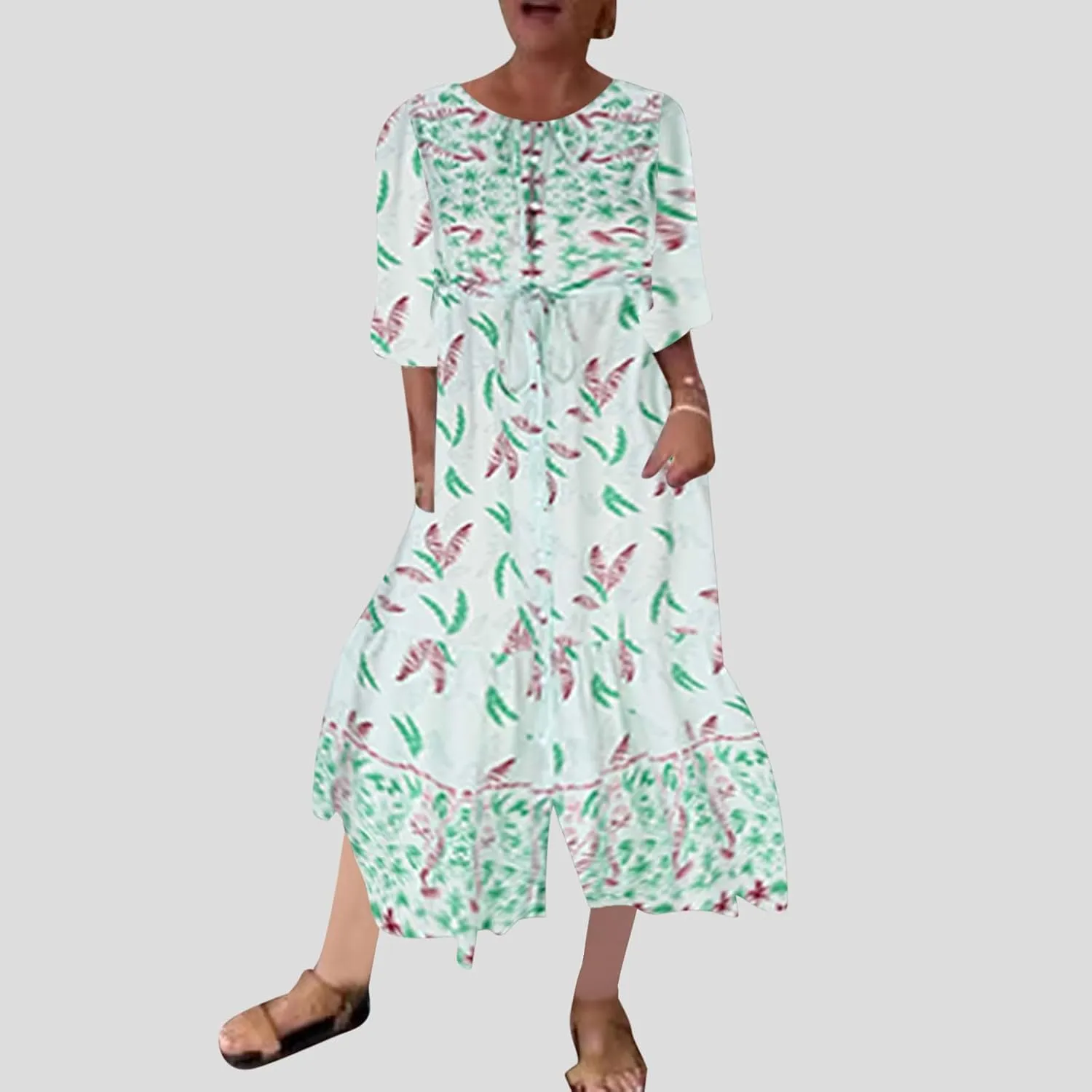 Maxi Dresses for Women Short Sleeve Boho Floral Print Button T Shirt Dress Casual Ruffle Loose Long Tunic Dresses
