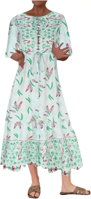 Maxi Dresses for Women Short Sleeve Boho Floral Print Button T Shirt Dress Casual Ruffle Loose Long Tunic Dresses
