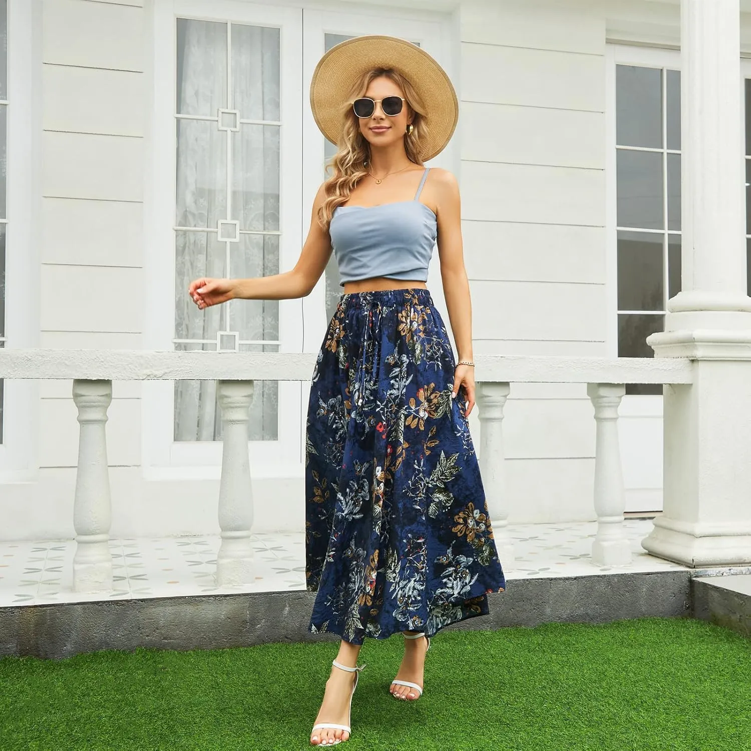 Maxi Skirts for Women with Pockets Long Midi Length Casual Skirt for Beach Party Holiday