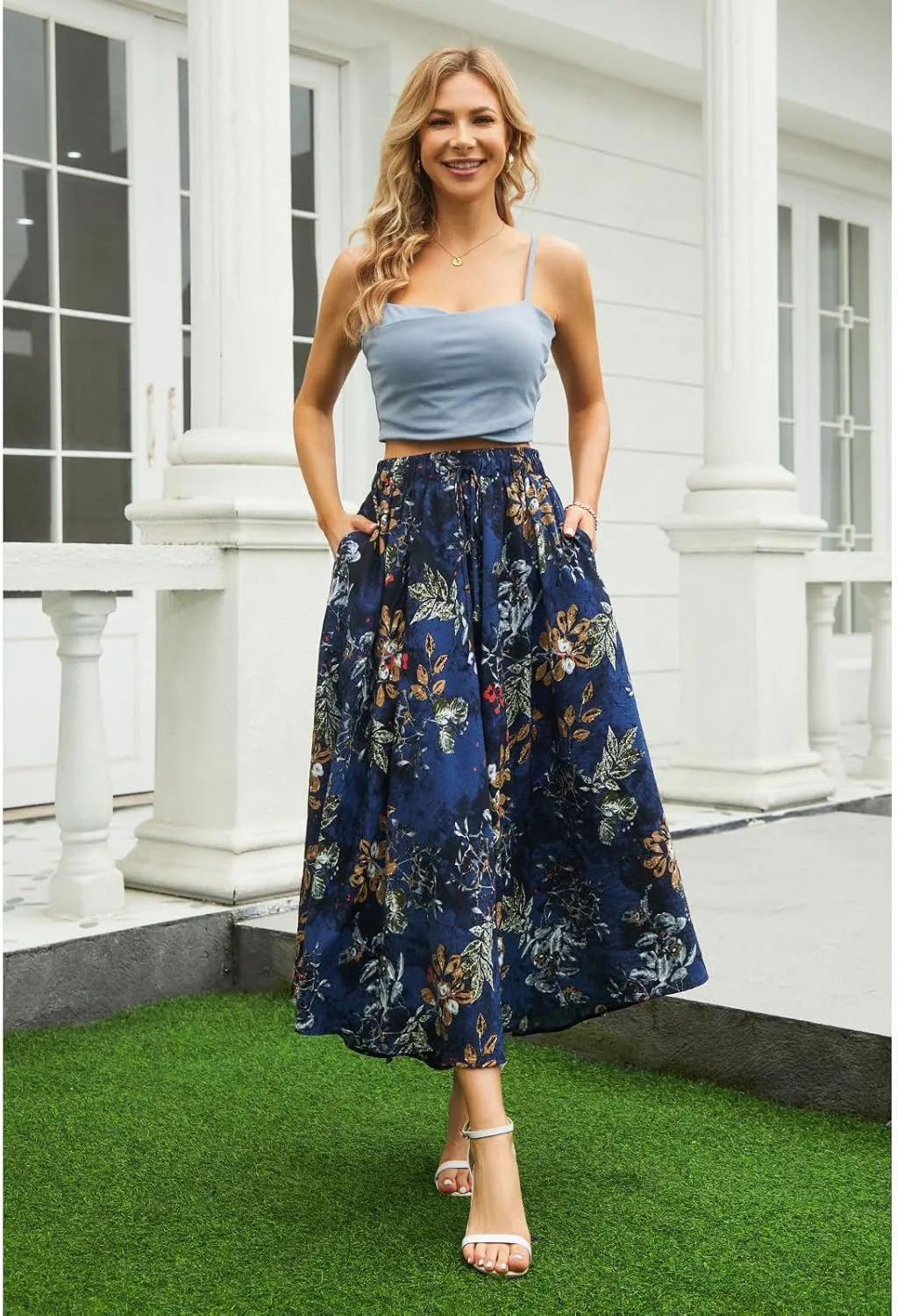 Maxi Skirts for Women with Pockets Long Midi Length Casual Skirt for Beach Party Holiday