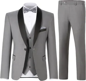 Men's 3 Piece Slim Fit Suit One Button Shawl Lapel Jacket Vest Pants Tuxedo Set with Bow Tie Pocket Square