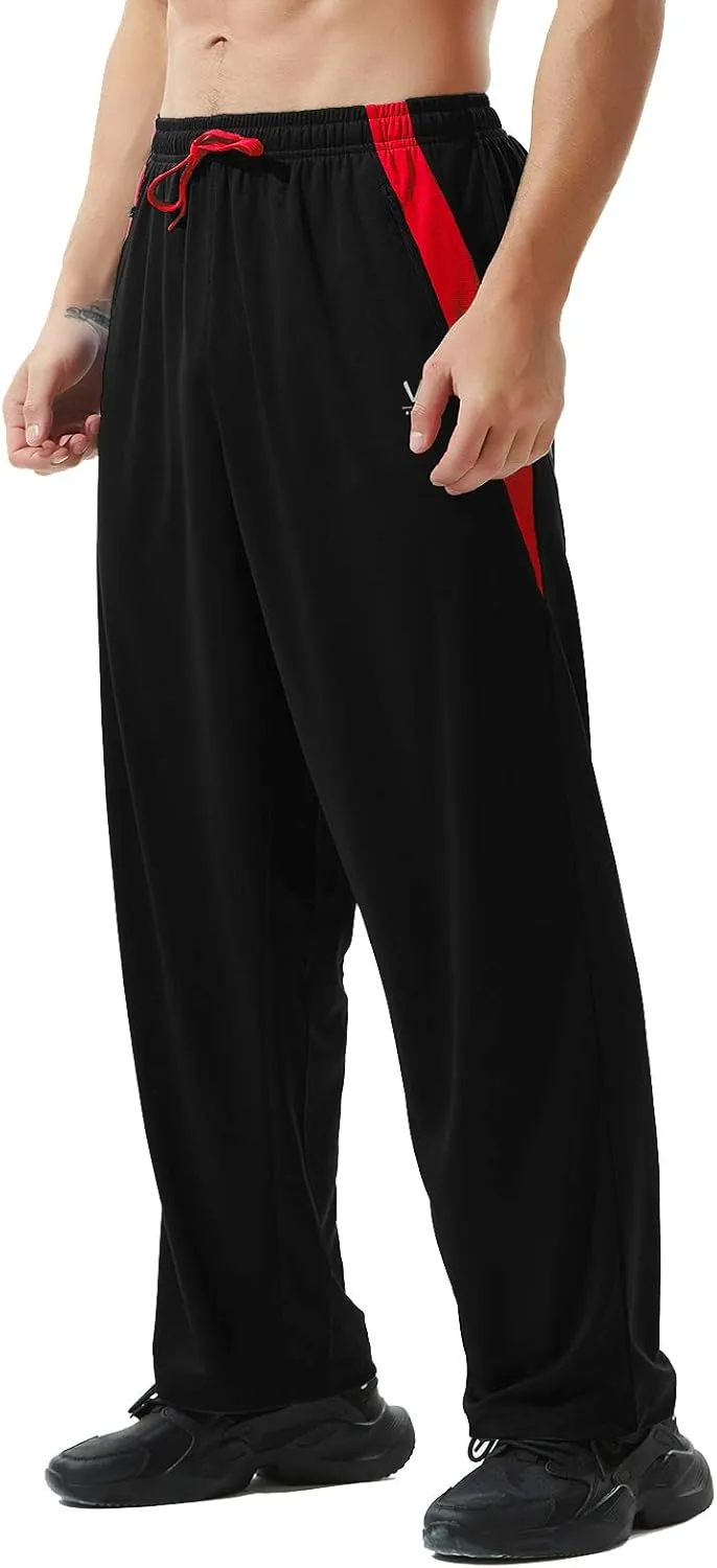 Mens Athletic Pants with Zipper Pockets Open Bottom Lightweight Sweatpants, for Workout, Running, Gym, Training