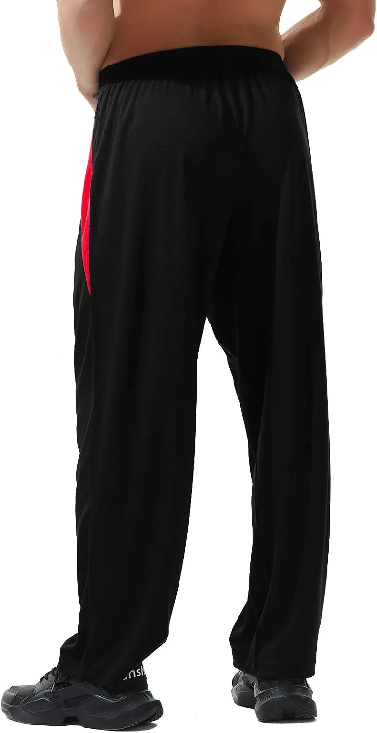 Mens Athletic Pants with Zipper Pockets Open Bottom Lightweight Sweatpants, for Workout, Running, Gym, Training