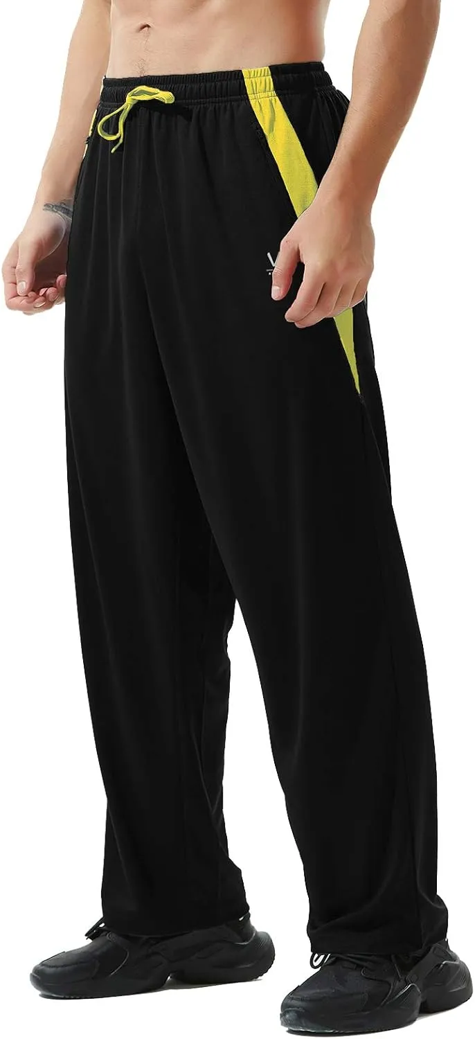 Mens Athletic Pants with Zipper Pockets Open Bottom Lightweight Sweatpants, for Workout, Running, Gym, Training