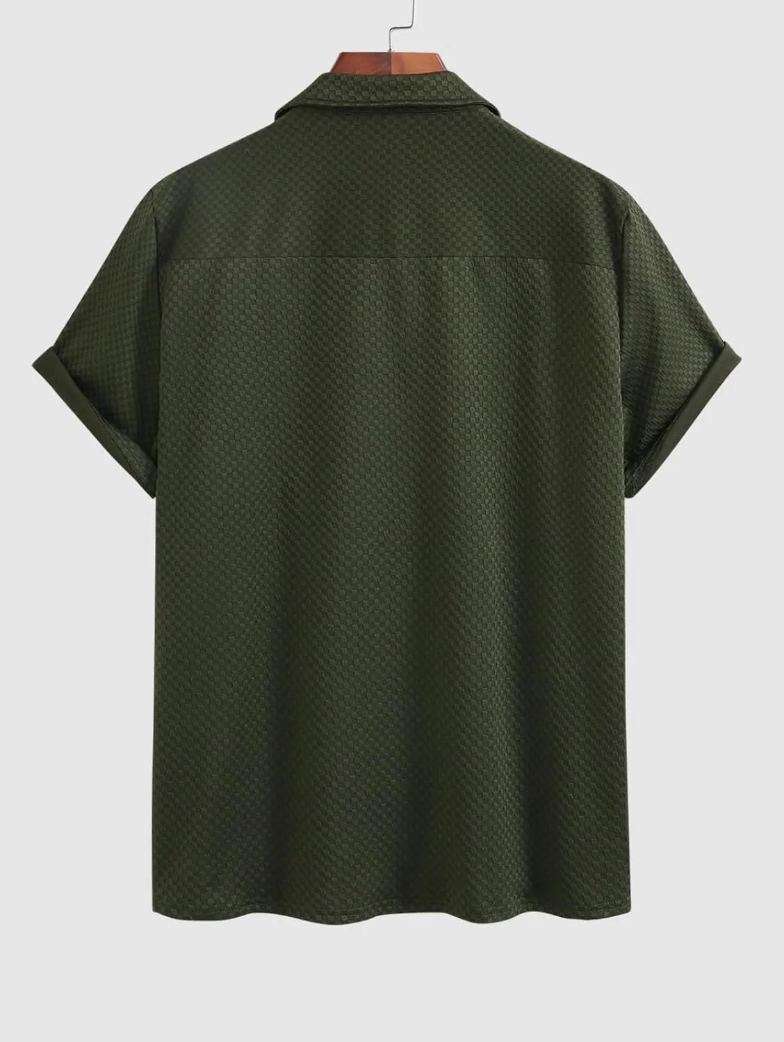 Mens Summer 2-Piece Set  Checkerboard Textured Camp Collar Shirt & Drawstring Shorts