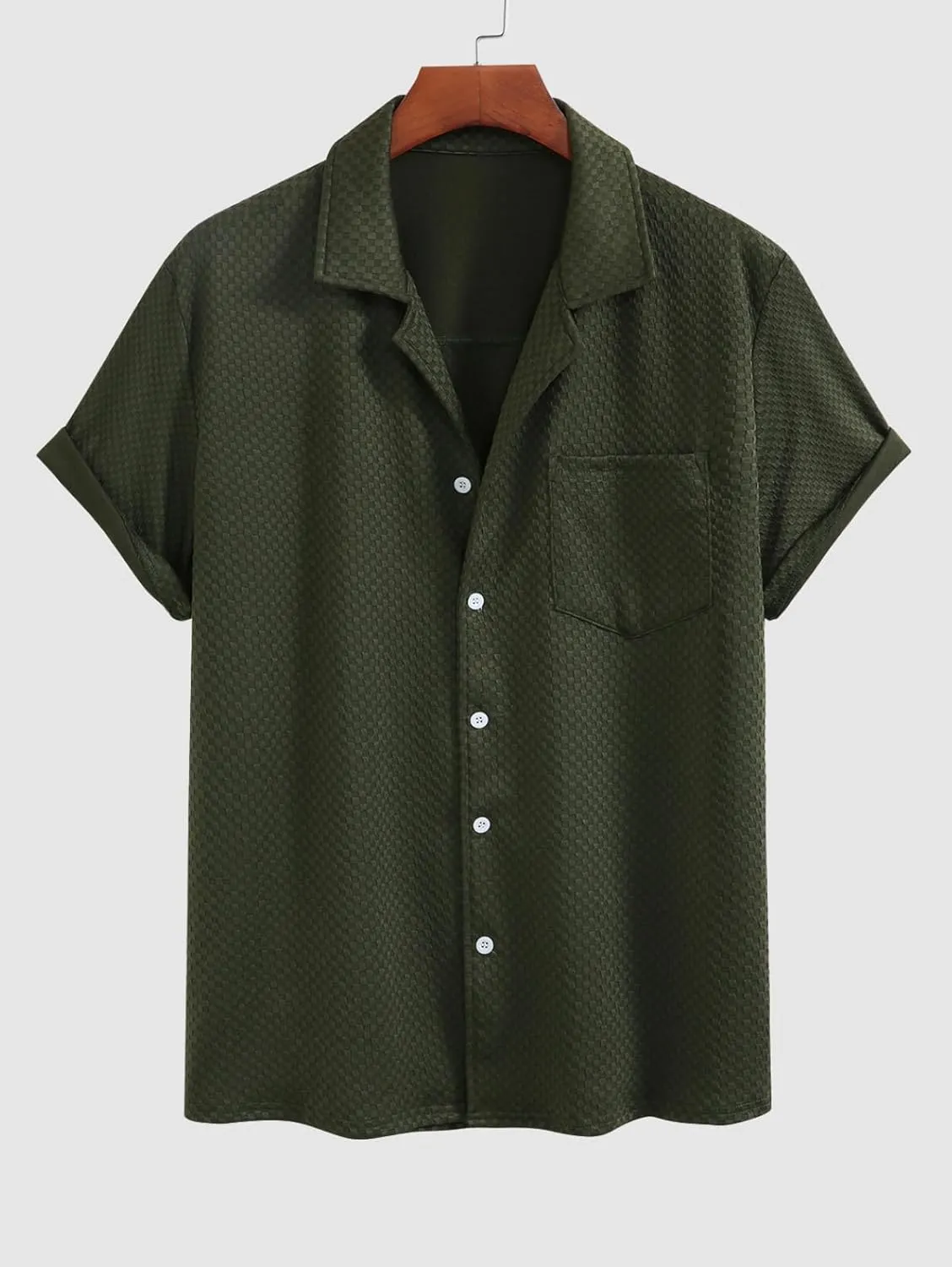 Mens Summer 2-Piece Set  Checkerboard Textured Camp Collar Shirt & Drawstring Shorts