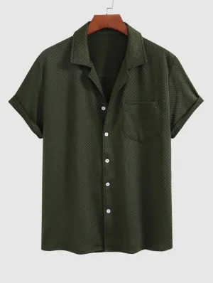Mens Summer 2-Piece Set  Checkerboard Textured Camp Collar Shirt & Drawstring Shorts