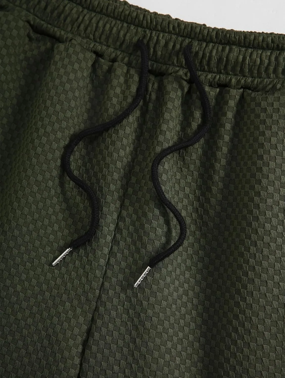 Mens Summer 2-Piece Set  Checkerboard Textured Camp Collar Shirt & Drawstring Shorts