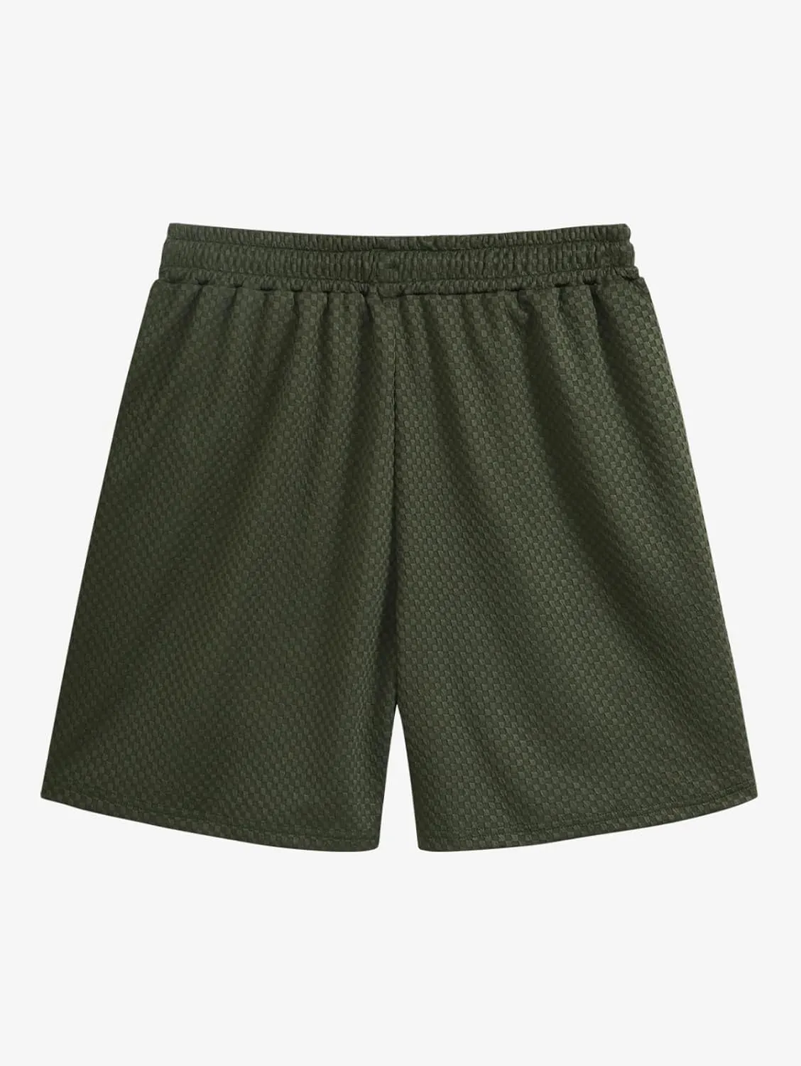 Mens Summer 2-Piece Set  Checkerboard Textured Camp Collar Shirt & Drawstring Shorts