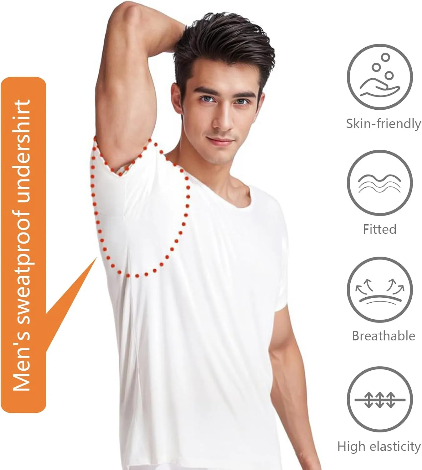 Men's Sweatproof Undershirt, T-Shirt with Underarm Sweat Pads, V Neck Quick-Dry Short Sleeve