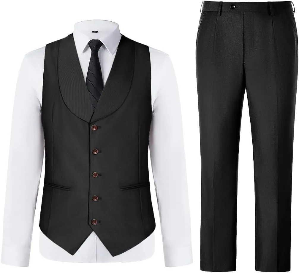 Mens Vest Pants Suits Set 2 Pieces Slim Fit Groomsmen Suit for Men Formal
