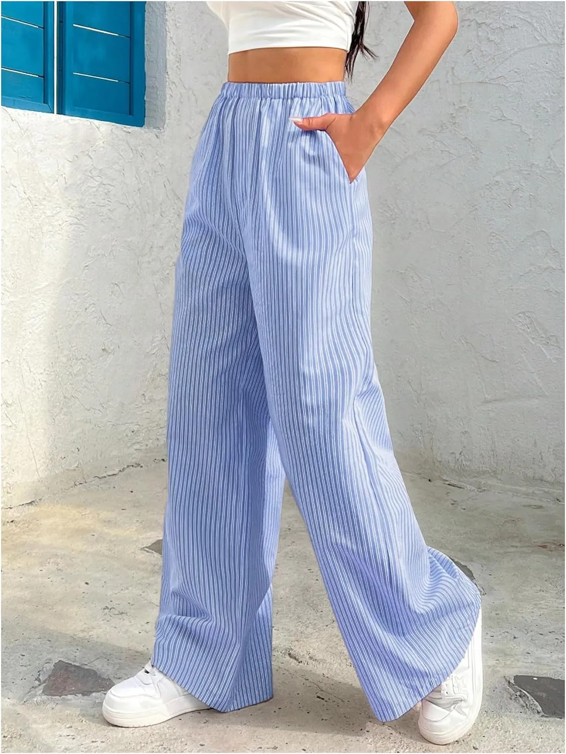 Milumia Women's Striped Print High Waist Boxer Pants Straight Leg Long Trousers