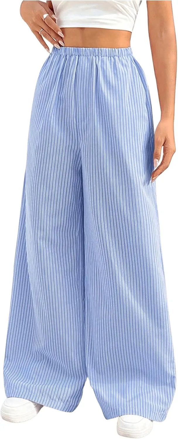 Milumia Women's Striped Print High Waist Boxer Pants Straight Leg Long Trousers