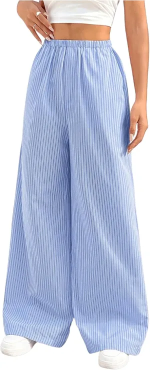 Milumia Women's Striped Print High Waist Boxer Pants Straight Leg Long Trousers