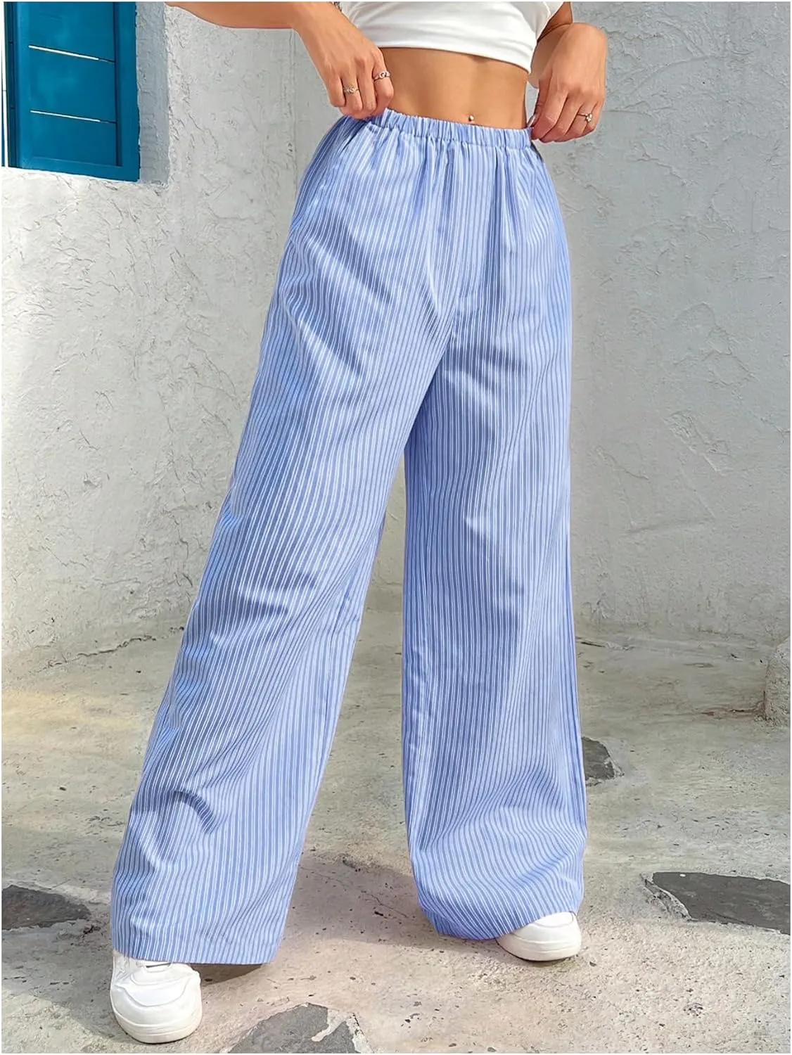 Milumia Women's Striped Print High Waist Boxer Pants Straight Leg Long Trousers