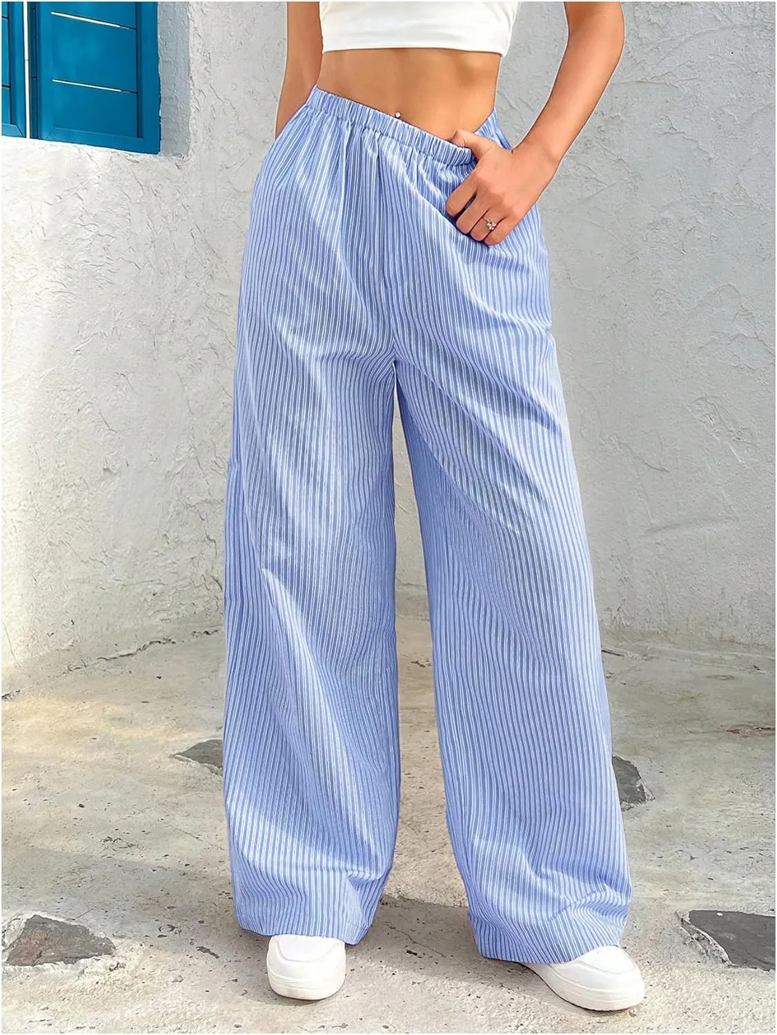 Milumia Women's Striped Print High Waist Boxer Pants Straight Leg Long Trousers