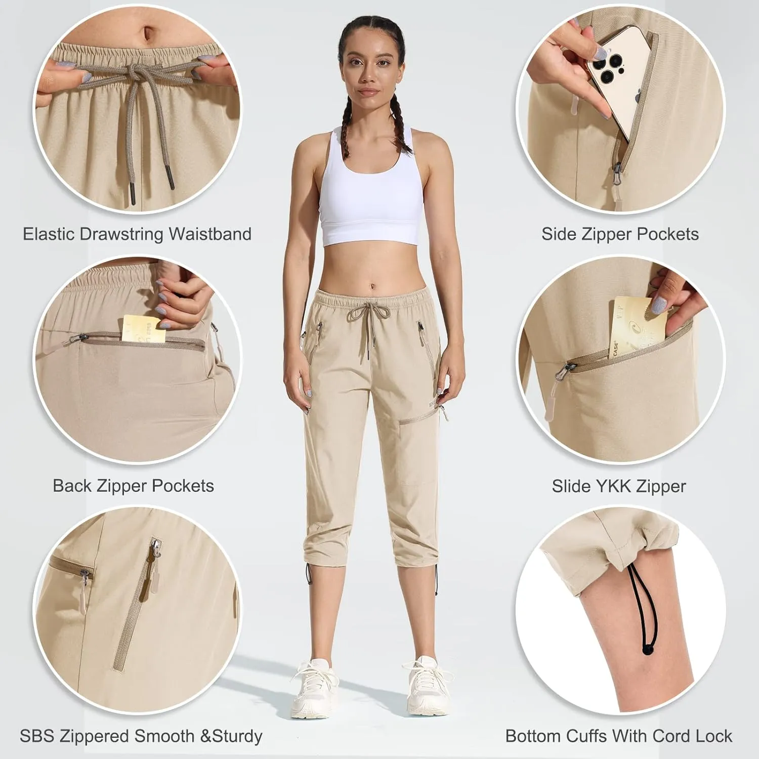 MOCOLY Women's Cargo Hiking Pants Elastic Waist Quick Dry Lightweight Outdoor Water Resistant UPF 50  Long Pants Zipper