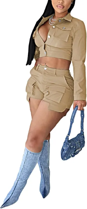 Molilove 2 Piece Outfits for Women Short Sleeve Button Down Crop Top and Mini Pleated Skirt Cute Summer Tracksuit