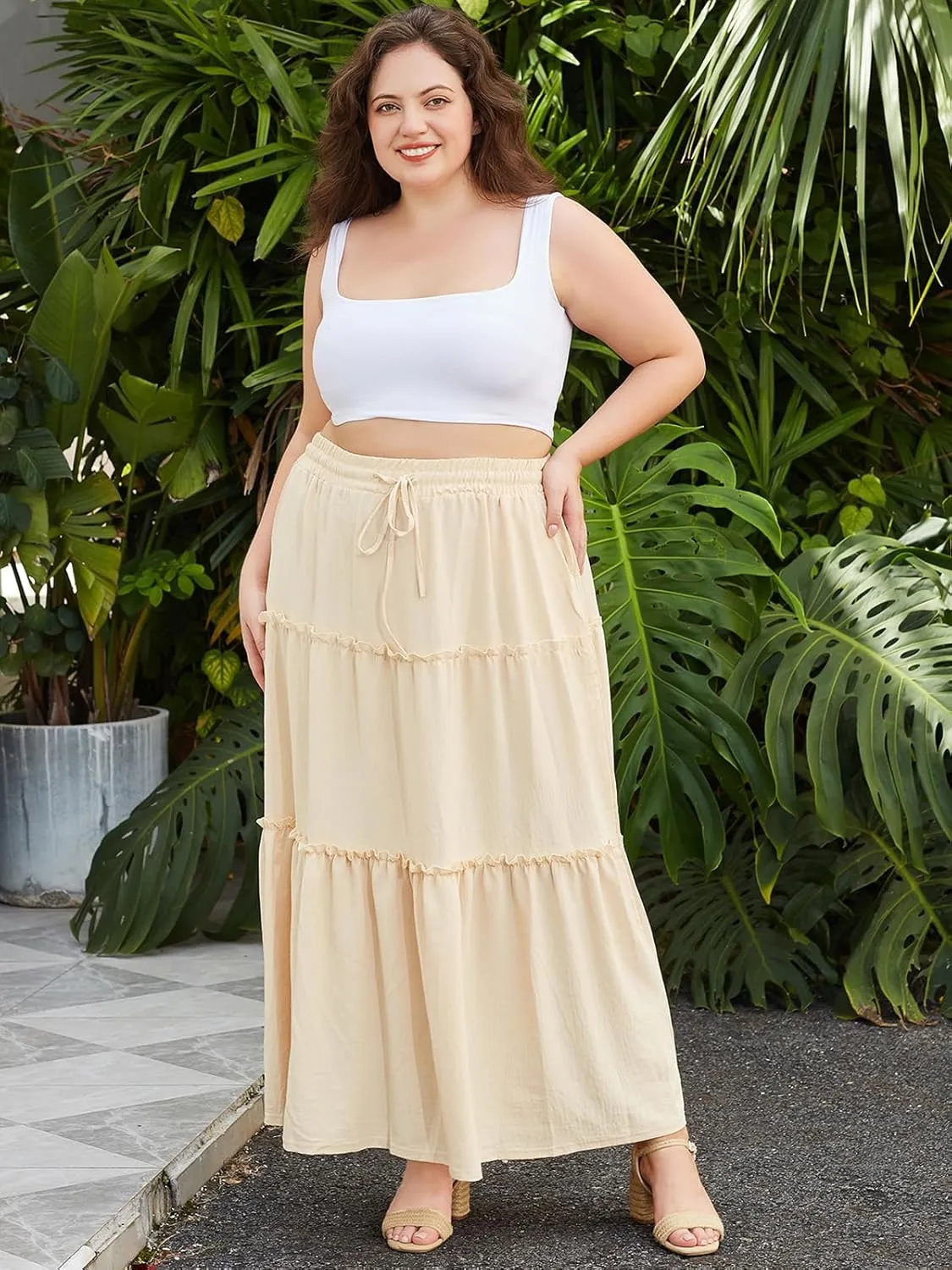 Moon Wood Women's Plus Size Maxi Skirt High Waisted Pleated A Line Flowy Tiered Long Skirts with Pockets