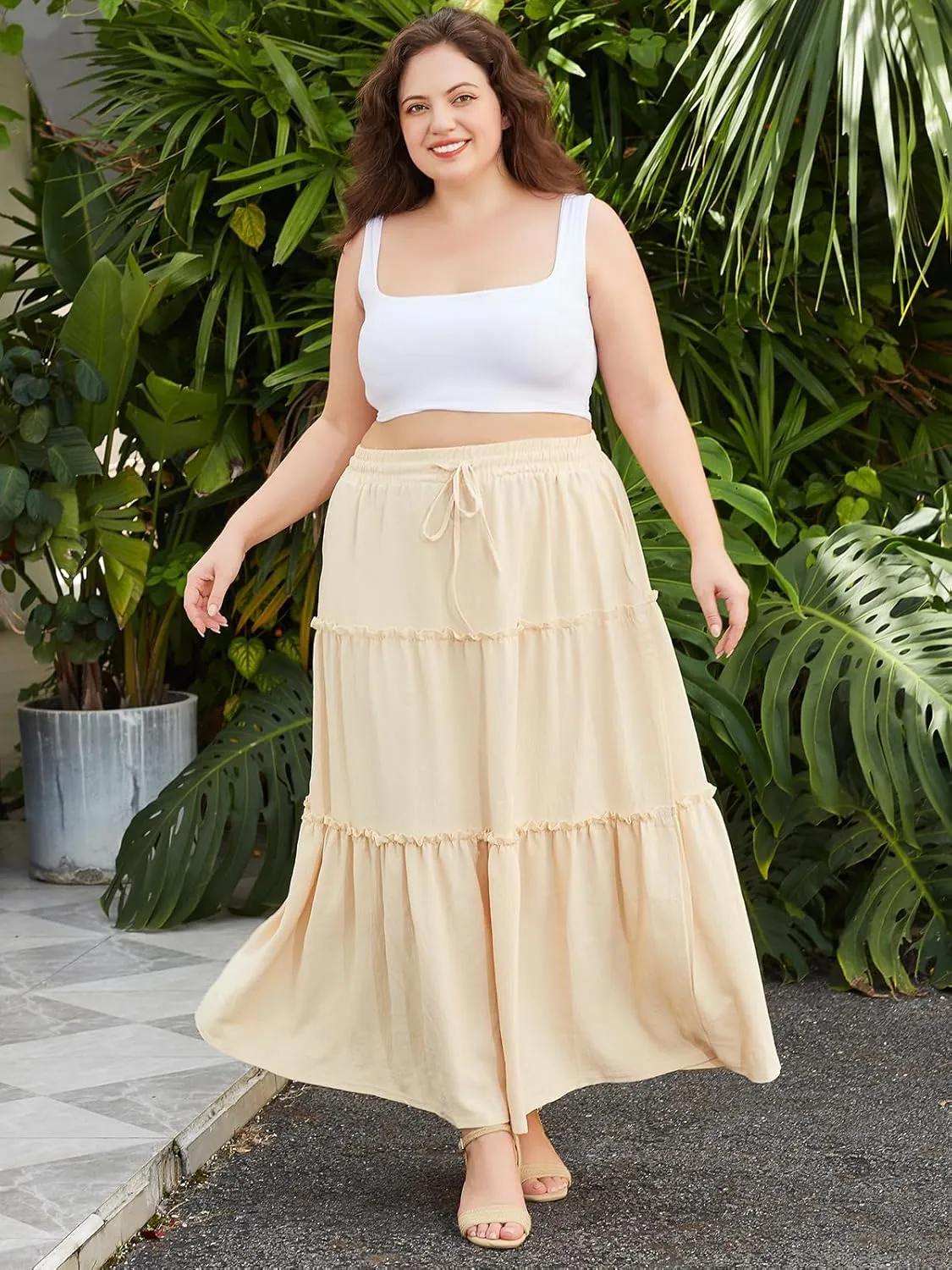 Moon Wood Women's Plus Size Maxi Skirt High Waisted Pleated A Line Flowy Tiered Long Skirts with Pockets