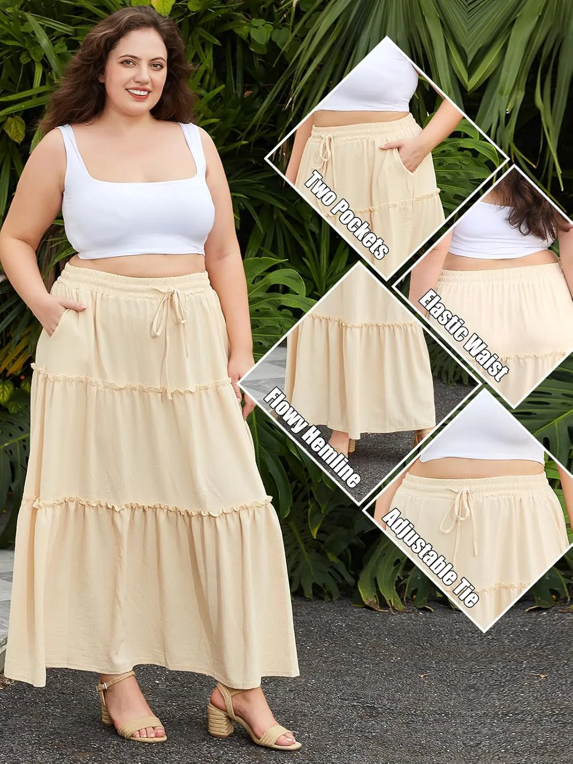 Moon Wood Women's Plus Size Maxi Skirt High Waisted Pleated A Line Flowy Tiered Long Skirts with Pockets
