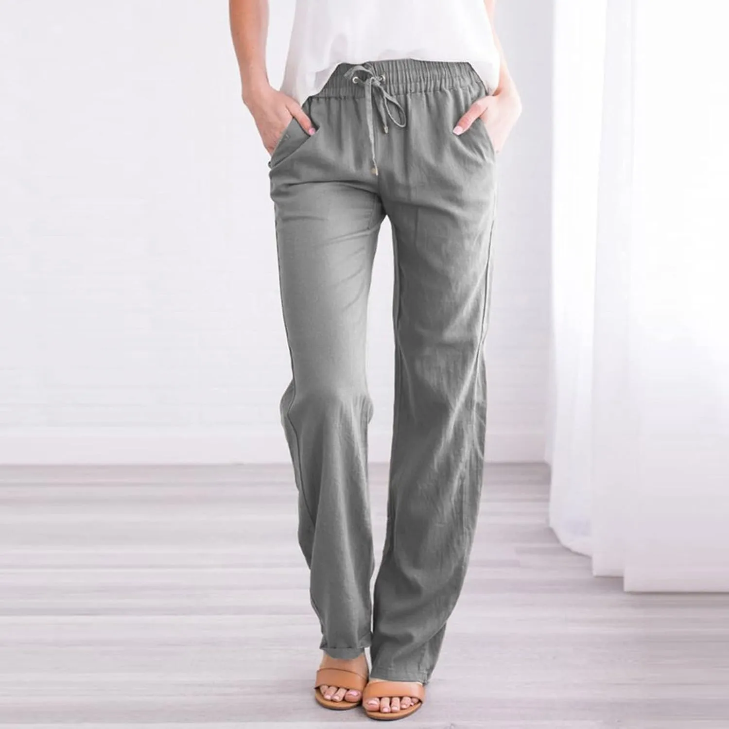 Muyise Womens Cotton Linen Casual Pants Straight Leg Drawstring Elastic High Waist Loose Comfy Palazzo Trousers with Pockets