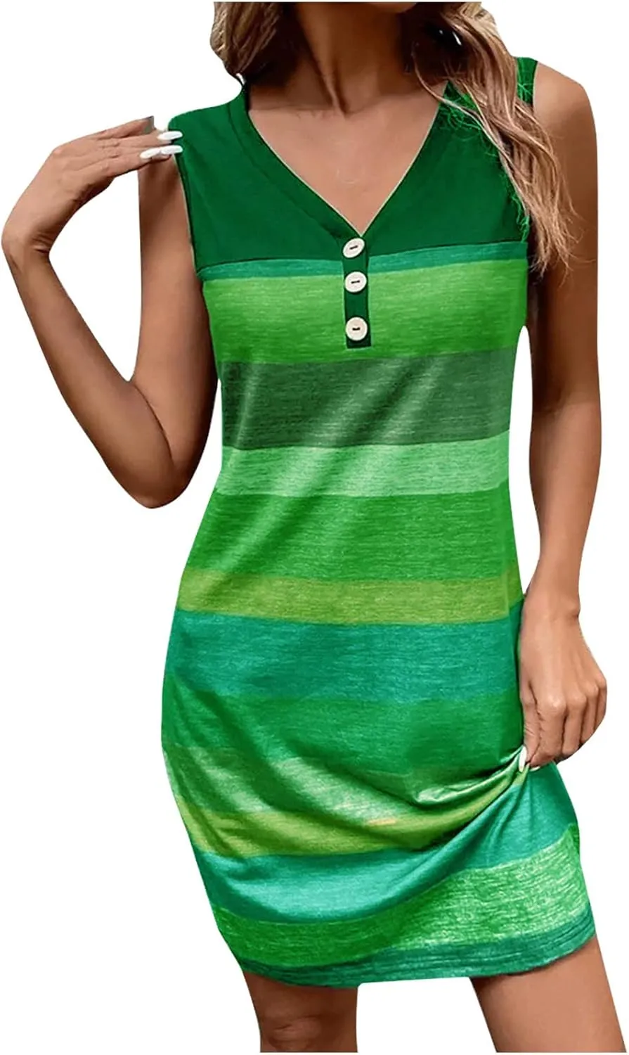 NaRHbrg Color Block Striped Mini Dress for Women Casual T-Shirt Dresses Sleeveless Summer Sundress Beach Vacation Tank Dress
