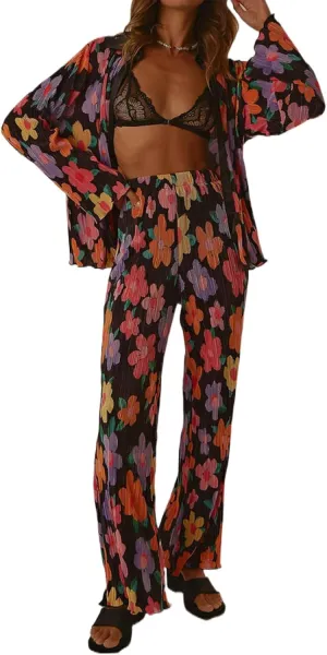 NUFIWI Women Y2K 2 Piece Pants Set Oversized Floral Printed Button Down Shirt High Waist Pants Outfits Summer Streetwear