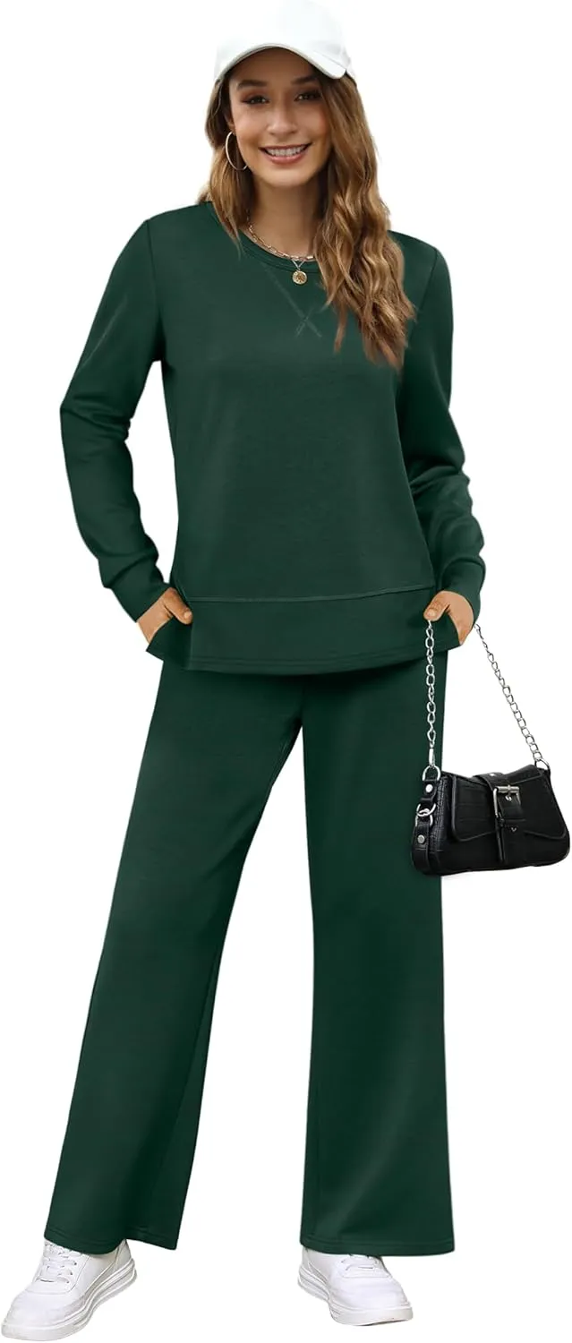 OFEEFAN Women's 2 Piece Lounge Set Travel Airport Outfits Side Slit Tracksuit Wide Leg Loungewear Baggy Comfy Sweatsuit S-3XL