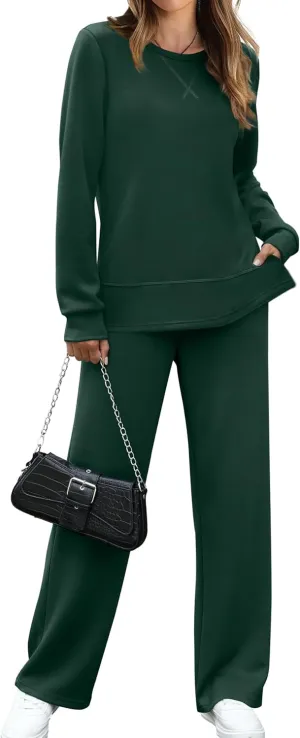 OFEEFAN Women's 2 Piece Lounge Set Travel Airport Outfits Side Slit Tracksuit Wide Leg Loungewear Baggy Comfy Sweatsuit S-3XL